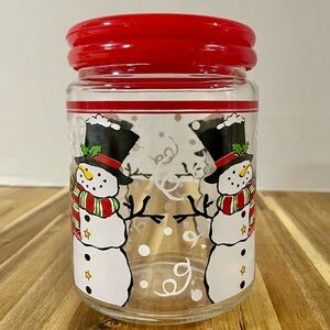 KIG Indonesia Glass Jar Snowmen Christmas Holidays Red Lid 5.5” Tall Candy Jar